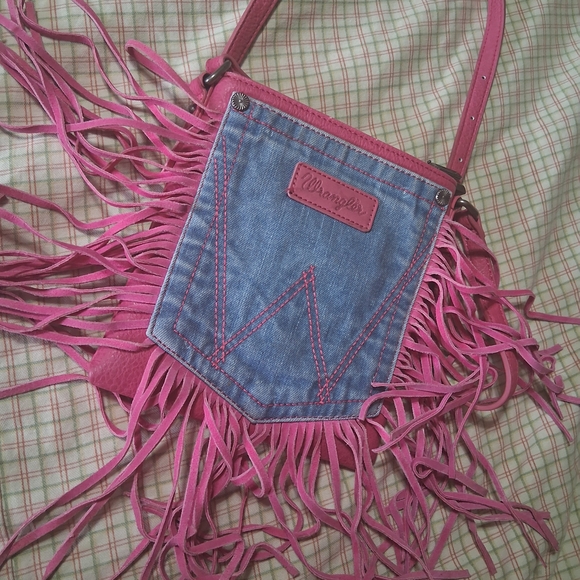 Wrangler Pink Fringe Denim Crossbody Bag - Picture 1 of 8